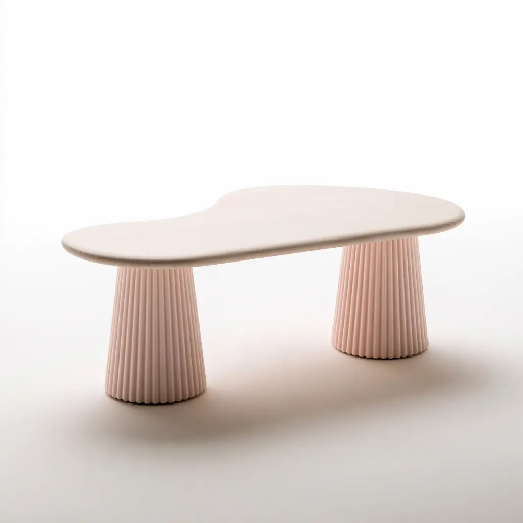 Table basse rose pâle à plateau organique et deux pieds cannelés