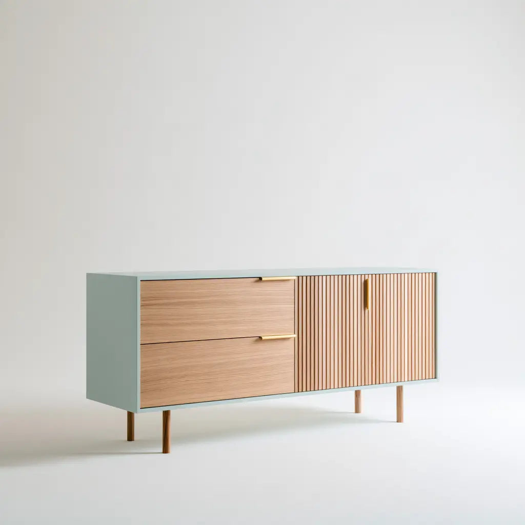 Buffet beige et vert pâle à tiroirs et portes rainurées
