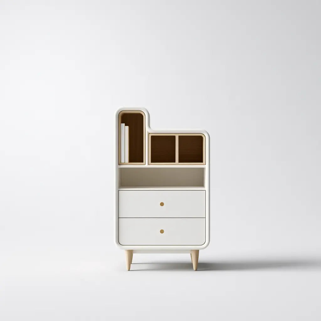Meuble de rangement blanc et marron à niches étagées et tiroirs