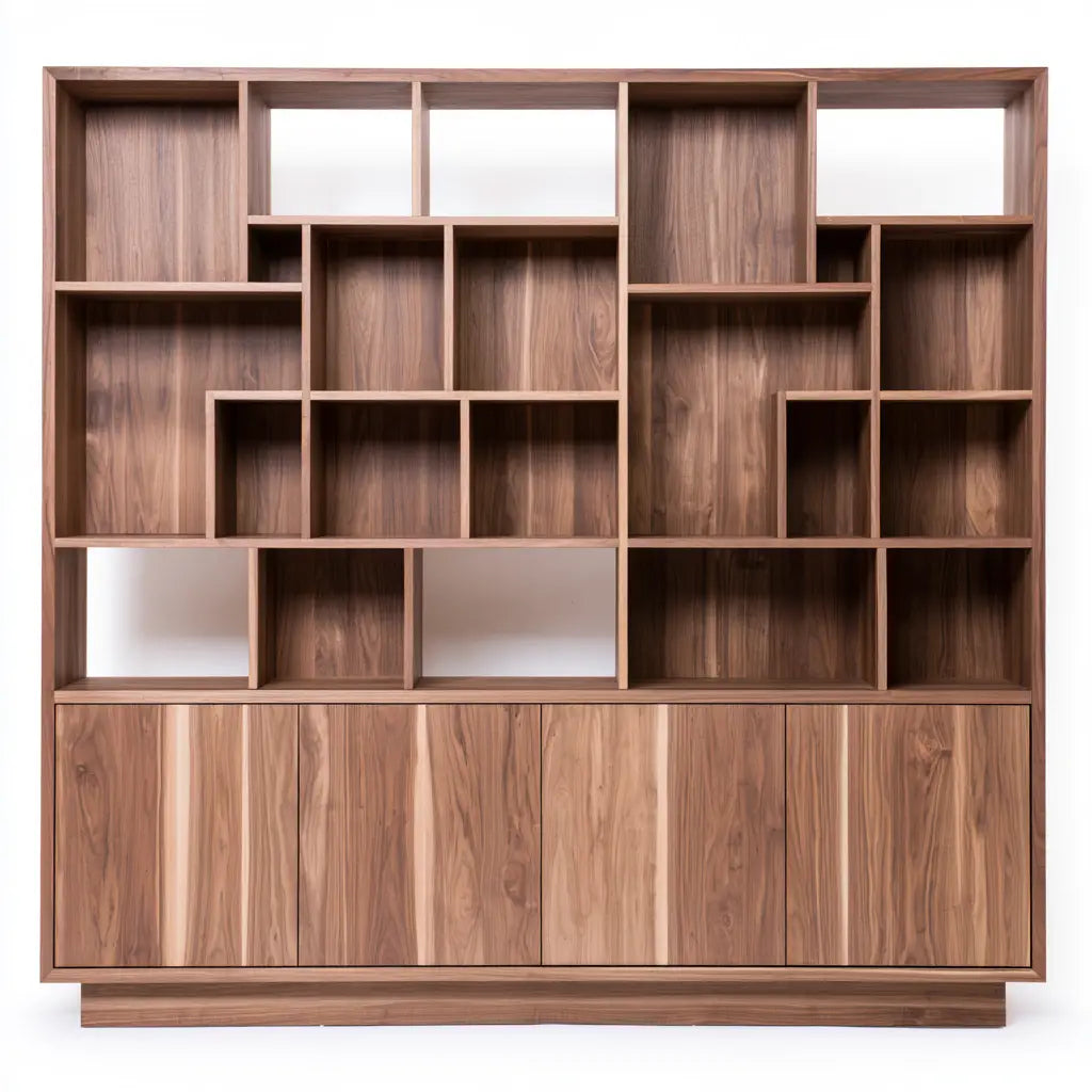 Grande bibliothèque marron à cases asymétriques et portes basses