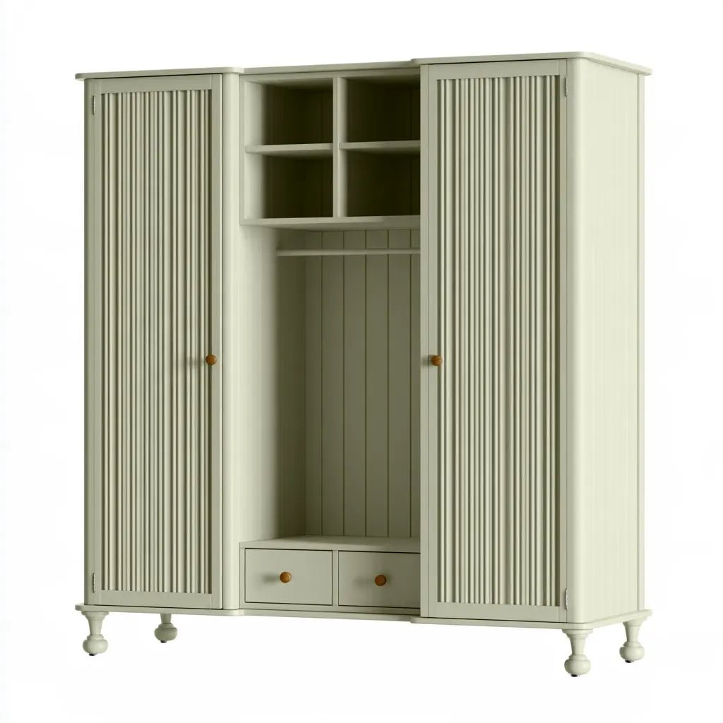 Armoire vert pâle à portes cannelées et niches centrales