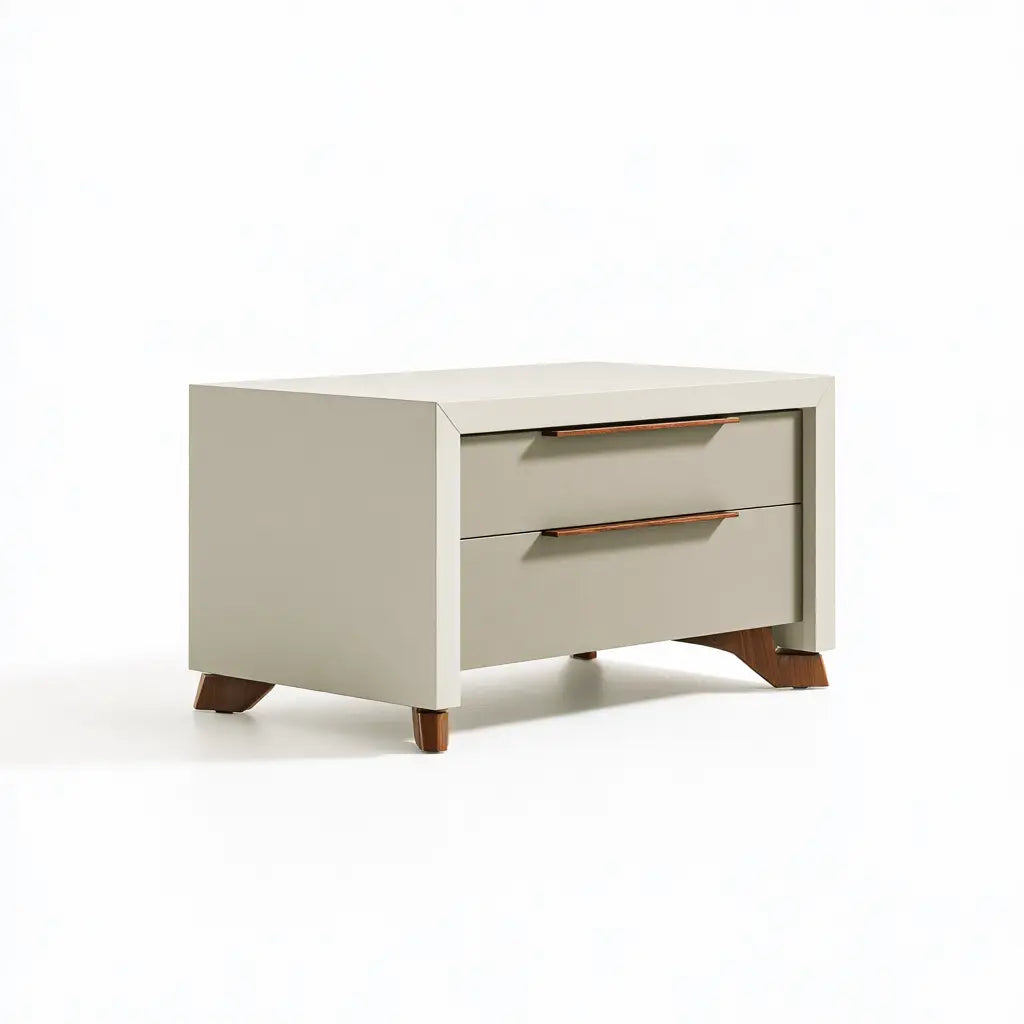 Table de chevet crème à deux tiroirs et pieds bas marron