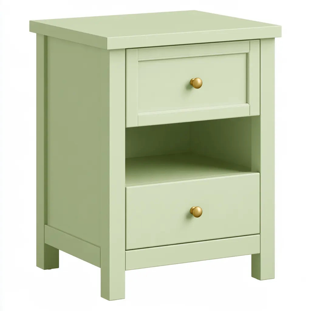 Table de chevet vert pâle à deux tiroirs séparés par une niche