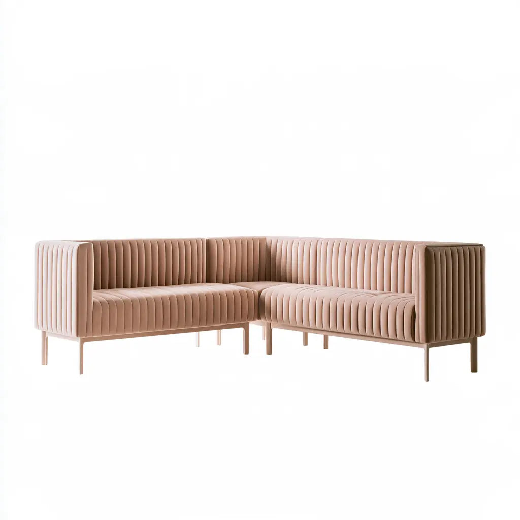 Banquette d'angle rose grisé à dossier rainuré et pieds fins