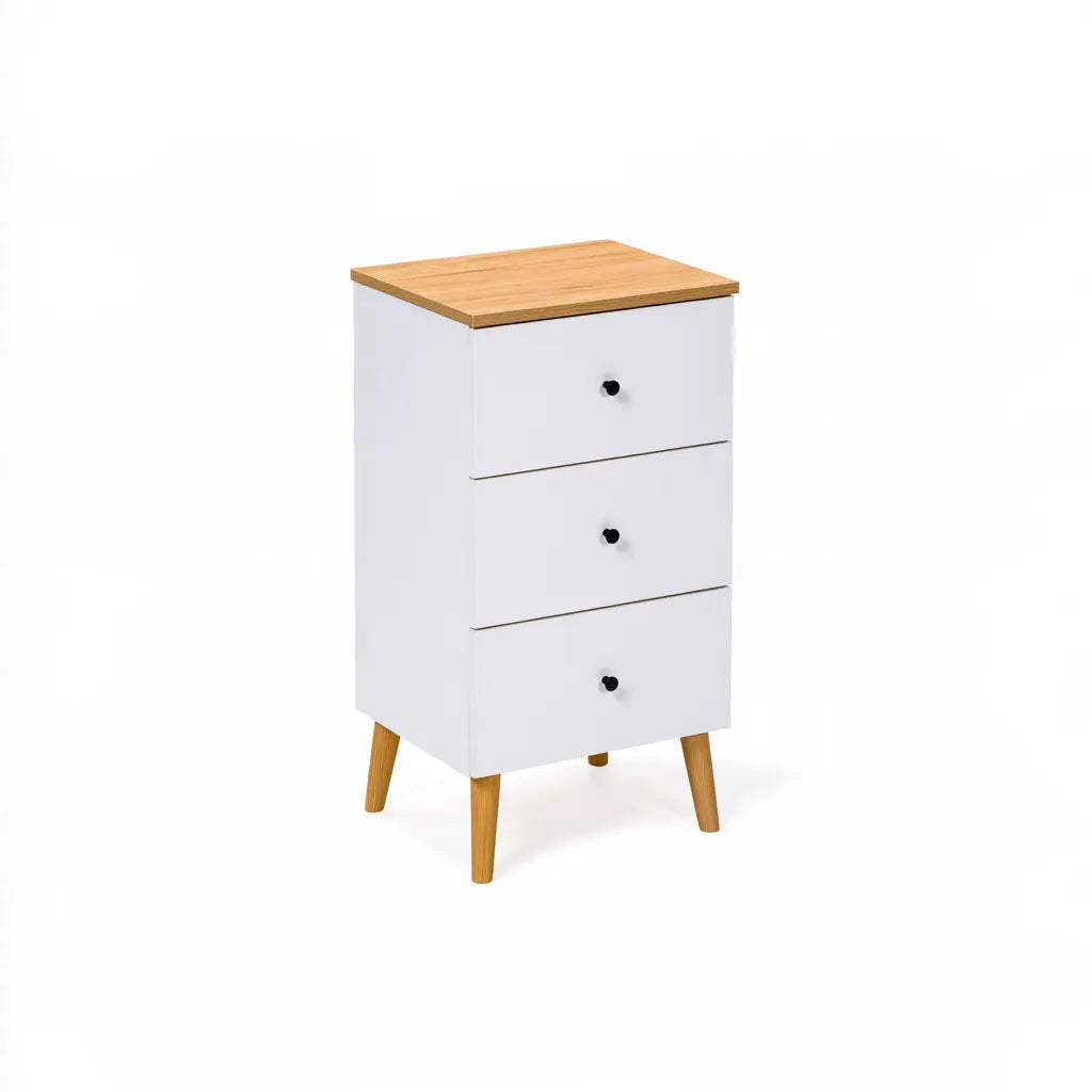 Table de chevet blanche à trois tiroirs et plateau beige