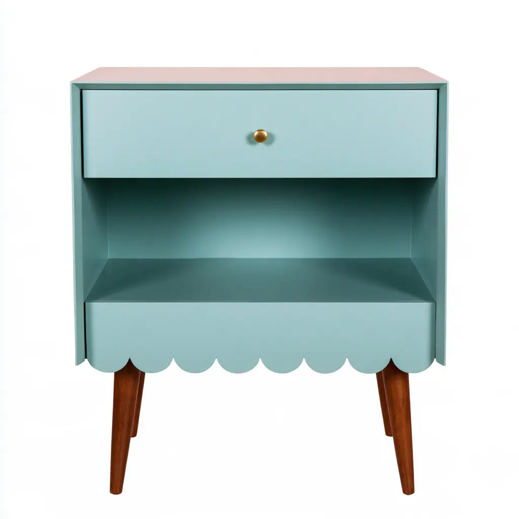 Table de chevet turquoise à tiroir, niche et bordure festonnée
