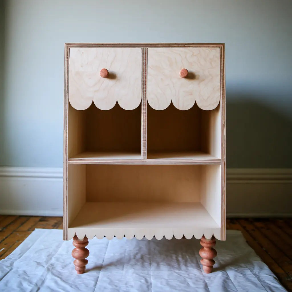 Meuble de rangement beige et blanc à portes festonnées et niches