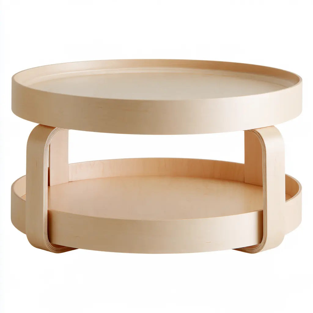 Table basse ronde beige clair à plateaux à rebords et pieds courbés