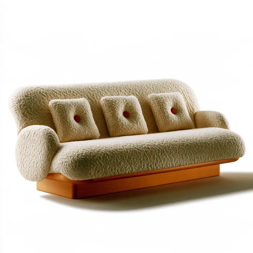 Canapé beige texturé à trois coussins et base orange