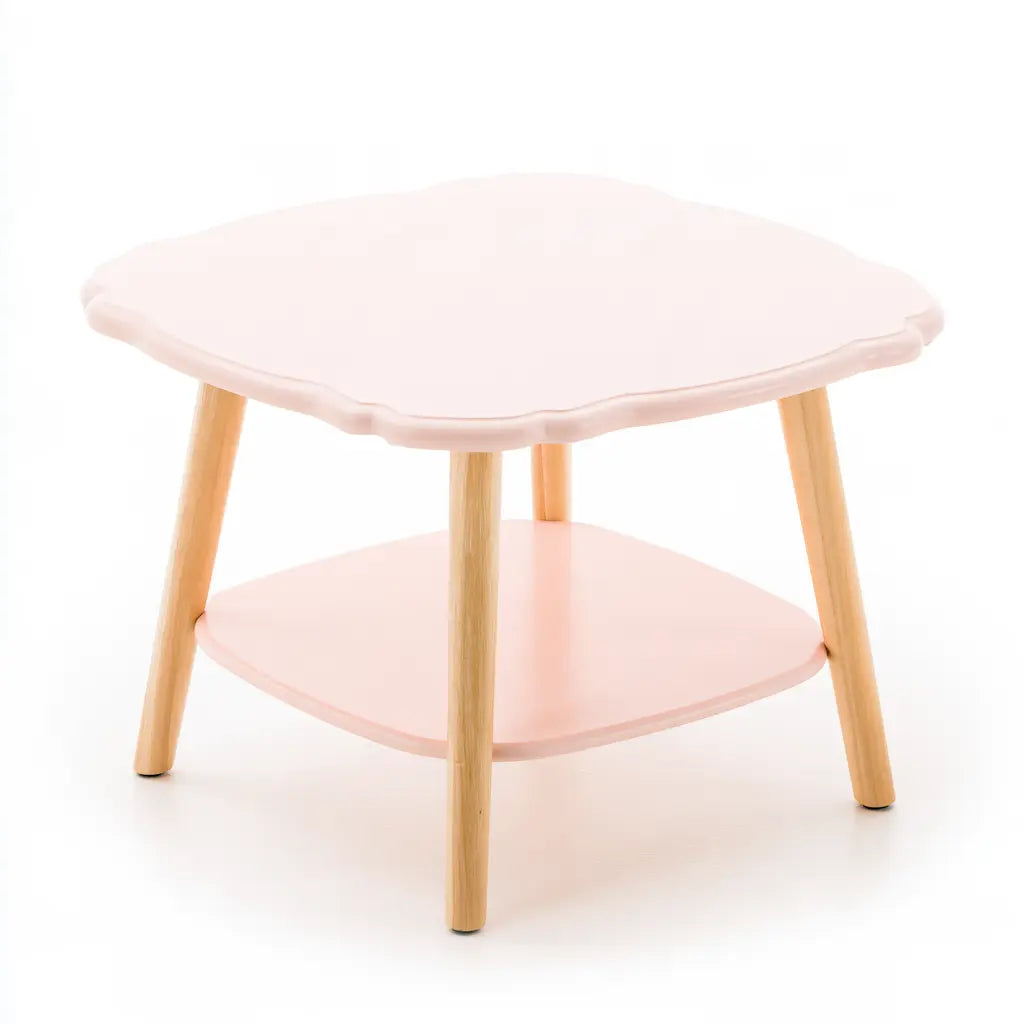 Table d'appoint rose pâle à plateau carré arrondi et tablette basse