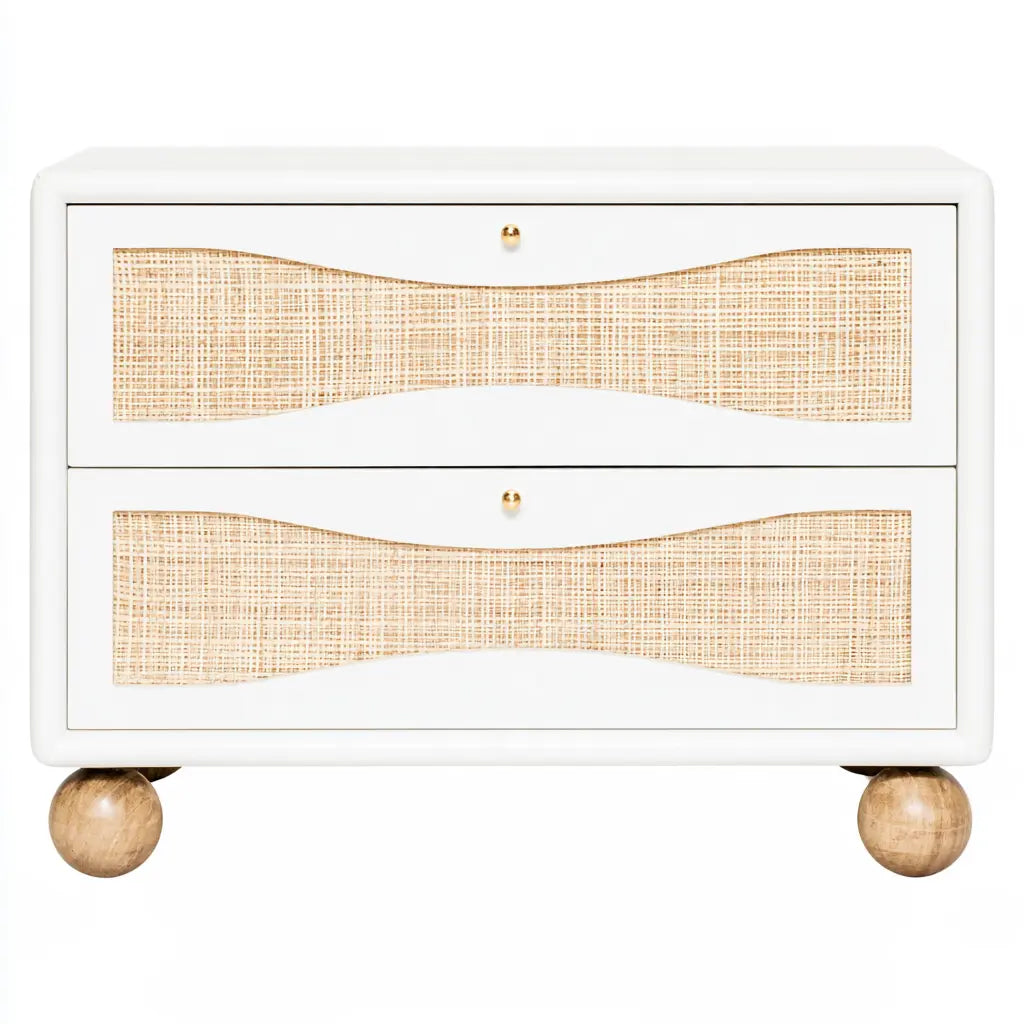 Table de chevet blanche à deux tiroirs tressés et pieds sphériques